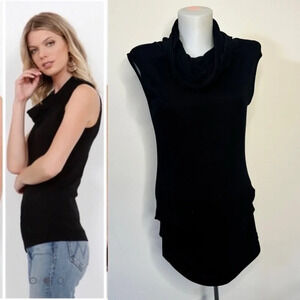Three Dots Shirt Sleeveless Rolled Cowl Neck Black Stretch Jersey Knit Sz M